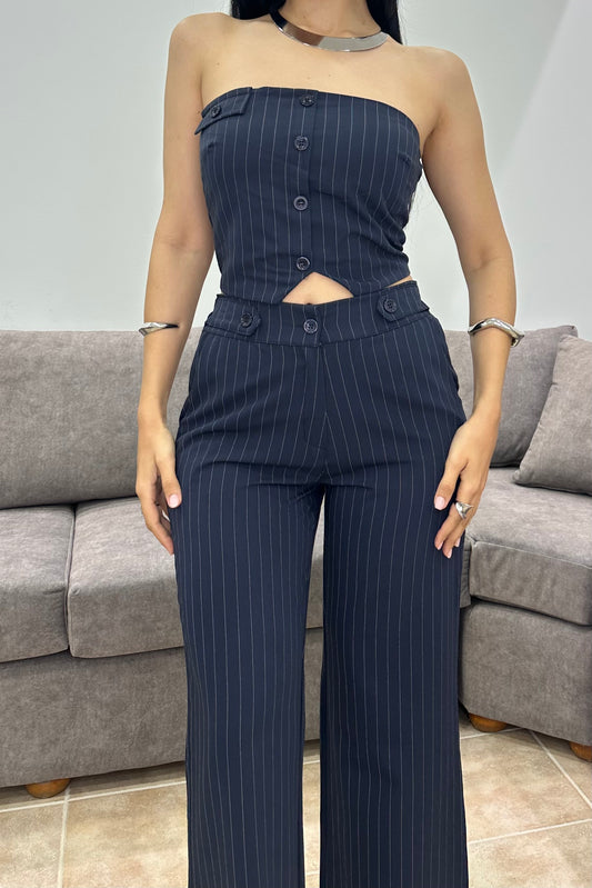 Aura Set – Navy Ριγέ Strapless Τοπ & Παντελόνα