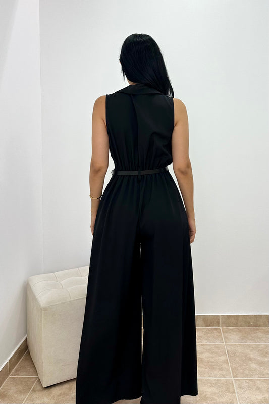 Tailored Ολόσωμη Φόρμα με Γιακά & Ζώνη - Black Jumpsuit