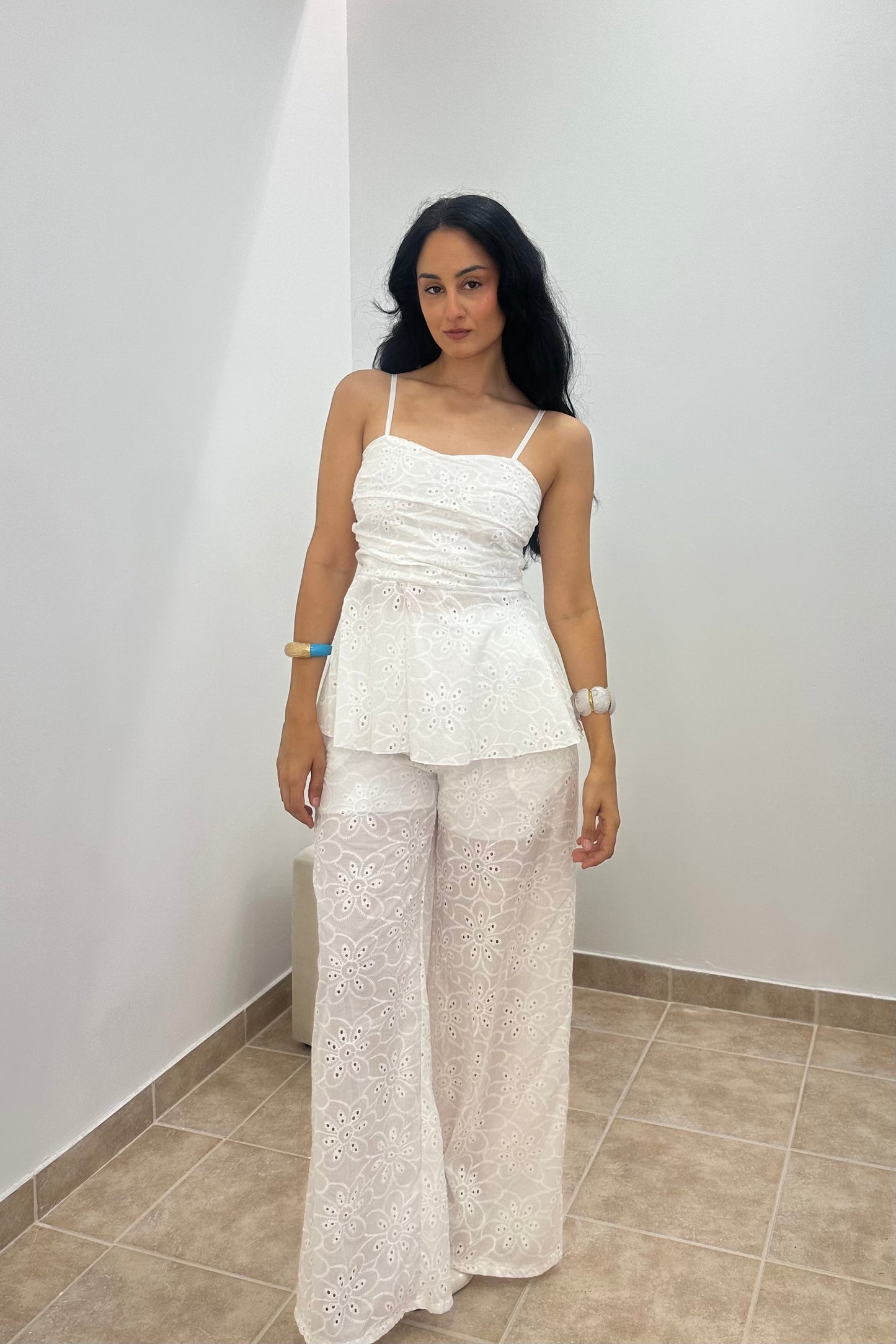 Σετ Broderie Anglaise Τοπ & Wide-Leg Παντελόνι