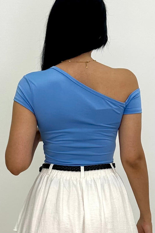 Sky Blue Studded One-Shoulder Top