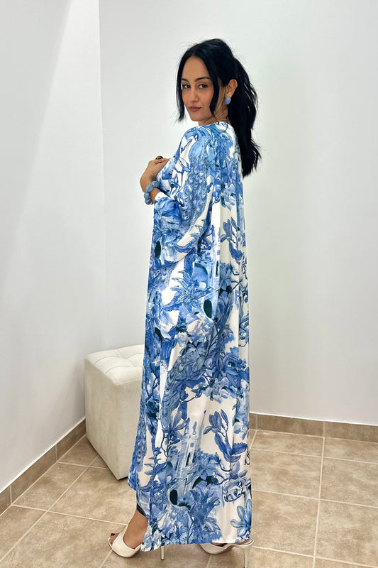 Hydra Μάξι Σατέν Καφτάνι Plus Size - Λευκό/Μπλε Φλοράλ