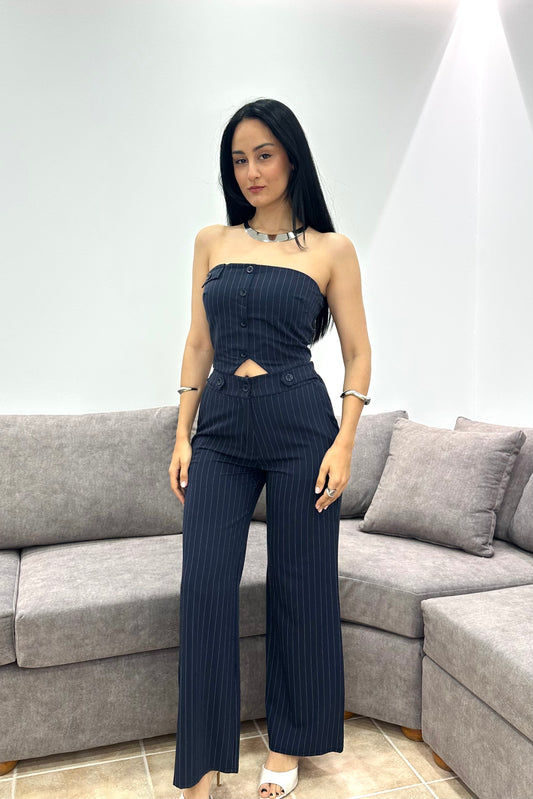Aura Set – Navy Ριγέ Strapless Τοπ & Παντελόνα