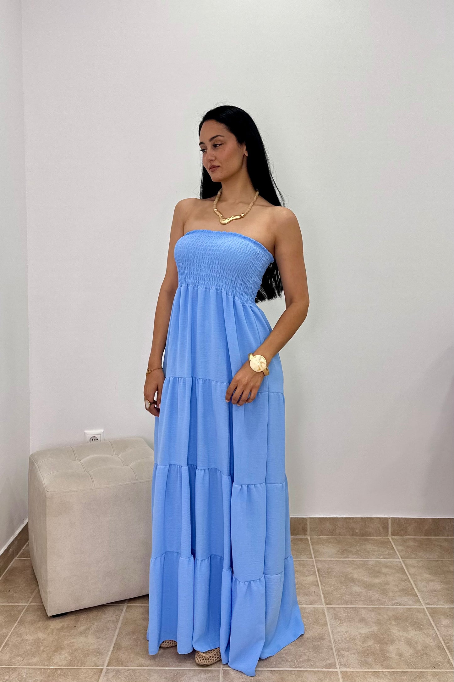 Sienna Μάξι Στράπλες Φόρεμα με Σφηκοφωλιά