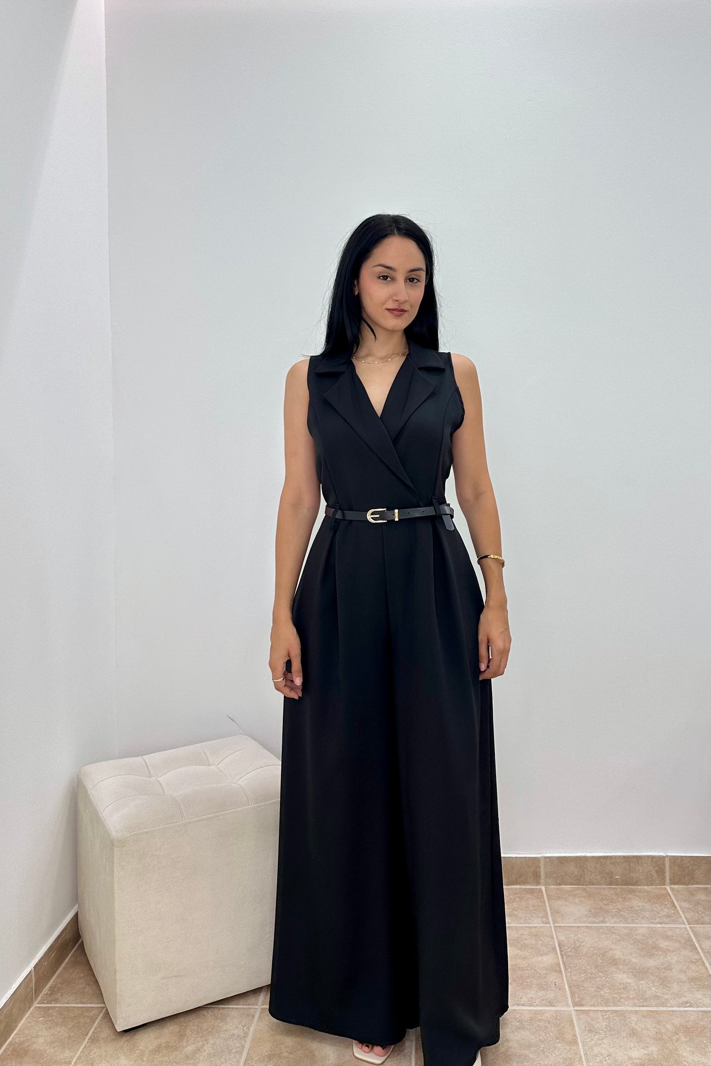 Tailored Ολόσωμη Φόρμα με Γιακά & Ζώνη - Black Jumpsuit