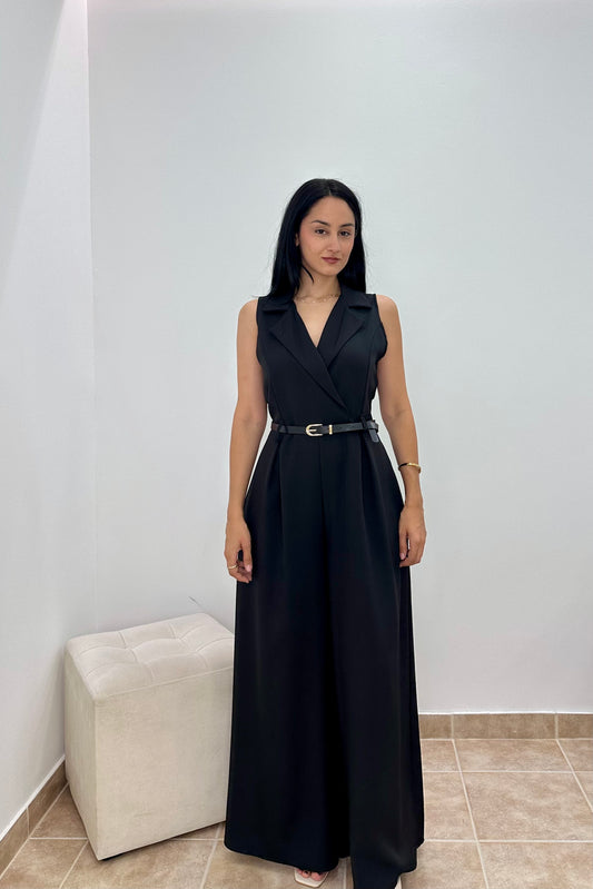Tailored Ολόσωμη Φόρμα με Γιακά & Ζώνη - Black Jumpsuit