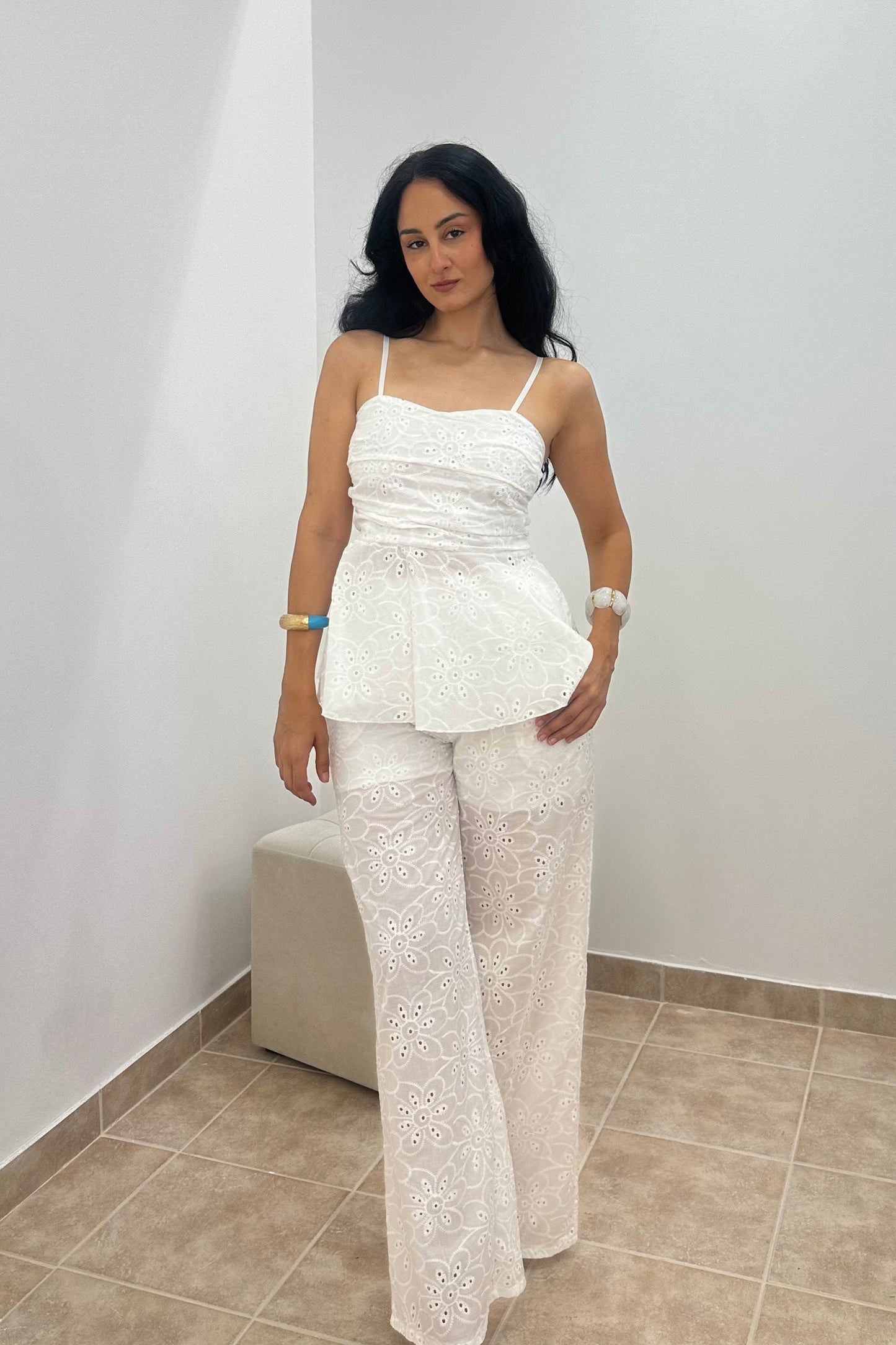 Σετ Broderie Anglaise Τοπ & Wide-Leg Παντελόνι