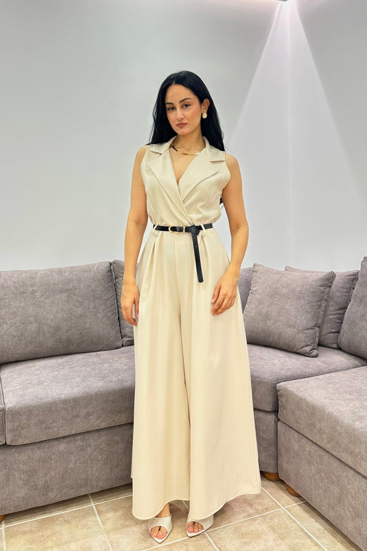 Tailored Ολόσωμη Φόρμα με Γιακά & Ζώνη - Sand Beige Jumpsuit