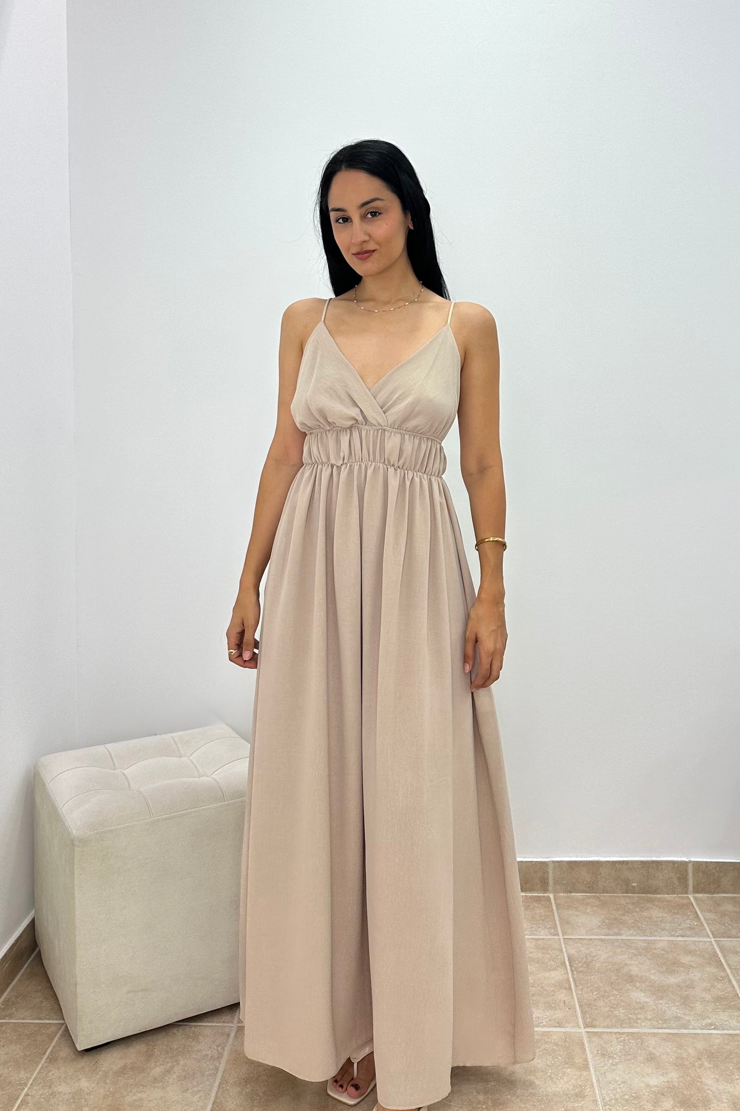 Pearl Goddess Μπεζ Maxi Φόρεμα με Χάντρες