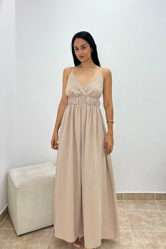 Pearl Goddess Μπεζ Maxi Φόρεμα με Χάντρες