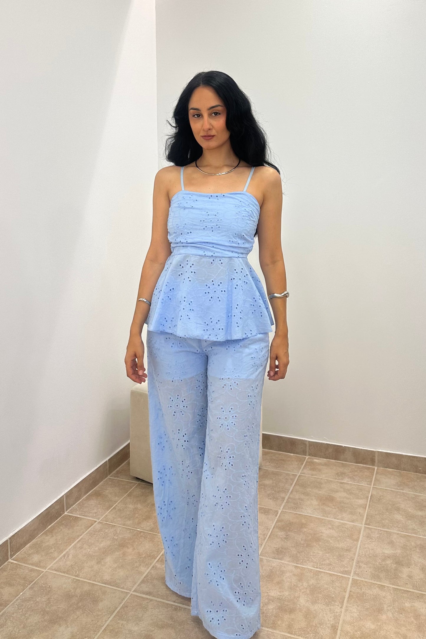 Σετ Broderie Anglaise Τοπ & Wide-Leg Παντελόνι