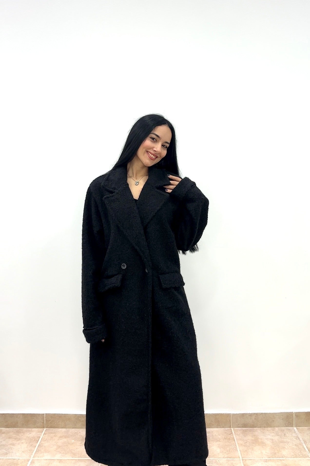 Noir Bouclé Oversized Coat