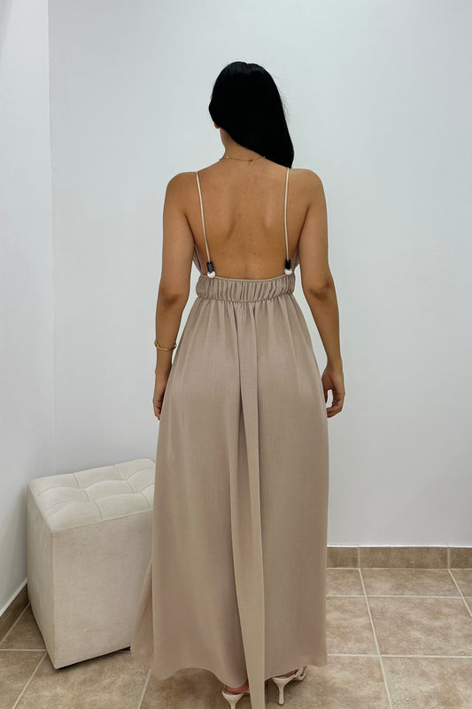 Pearl Goddess Μπεζ Maxi Φόρεμα με Χάντρες