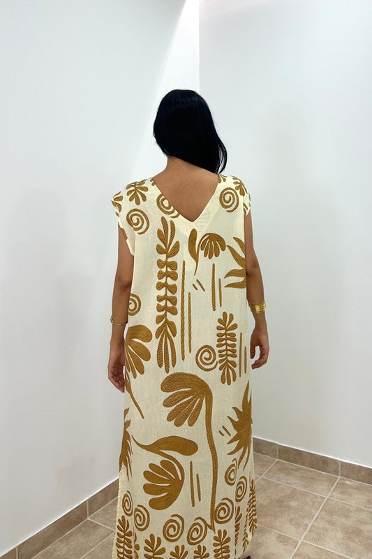 Maxi Φόρεμα με Tropical Print Εκρού-Καφέ Plus Size